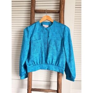 Vintage Classic Directions Petite Blue Jacquard Button‎ Front Cropped Blouse 4P